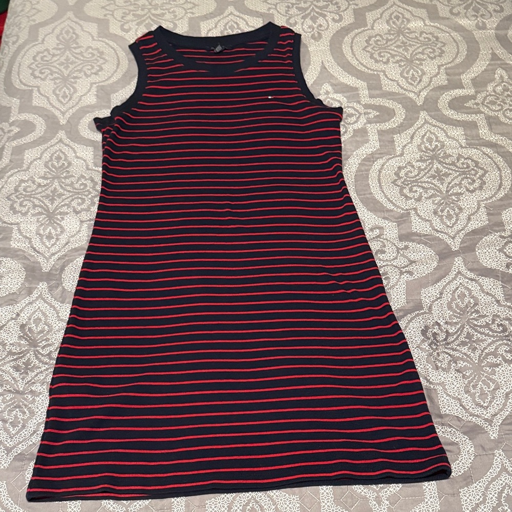 Tommy Hilfiger Navy and Red Striped Sleeveless Dress